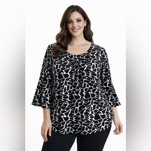 Nue Options Black and White Abstract Blouse 3/4 Bell Sleeve
